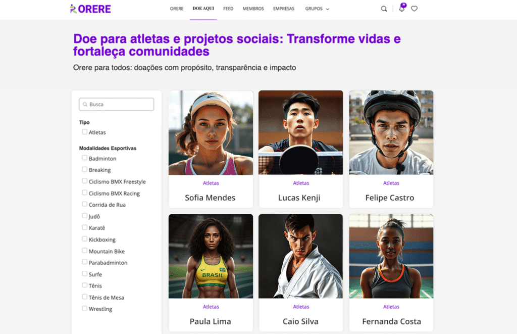 página com perfil de atletas